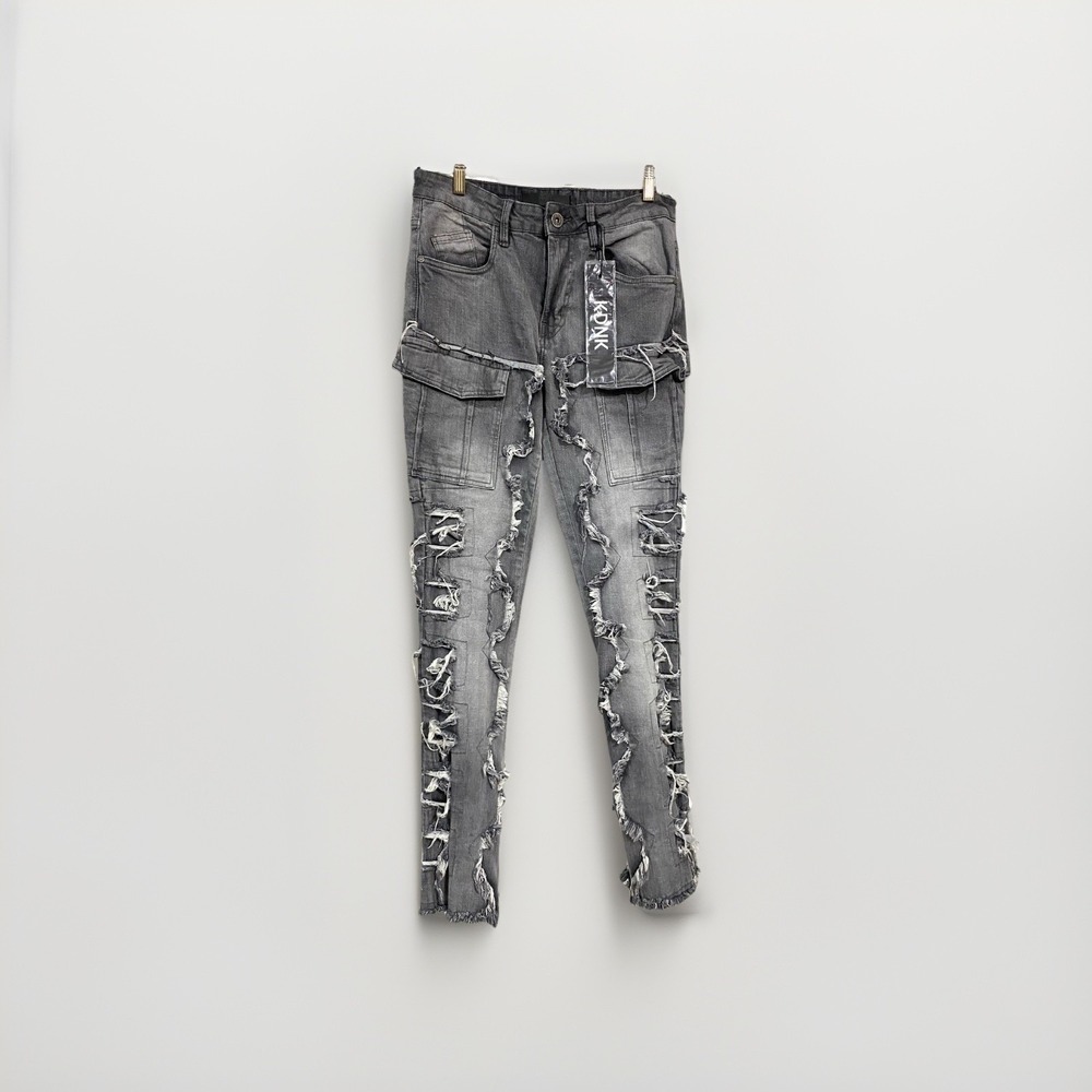 KDNK‎ Mens Grey Skinny Flare Distressed Cargo Jeans Size 30 New with Tags